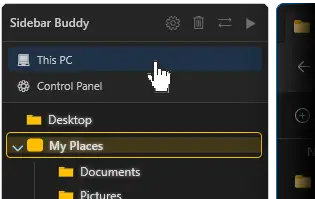 Sidebar Buddy Quick Links: This PC and Control Panel shortcuts docked at the top of the sidebar, above the folder tree
