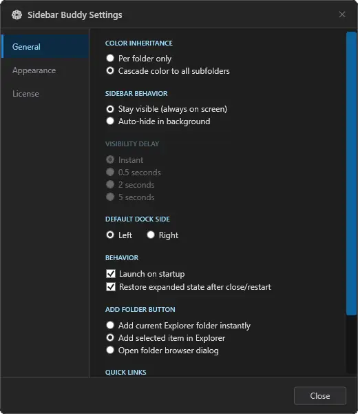 Sidebar Buddy Settings window, appearance and behavior options (1 of 2)
