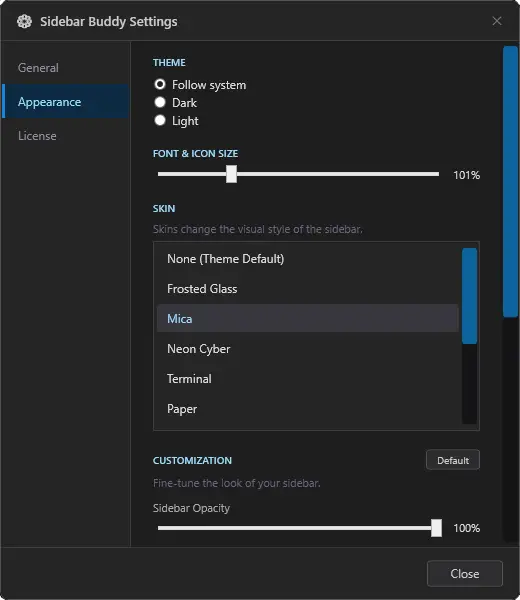 Sidebar Buddy Settings window, appearance and behavior options (2 of 2)